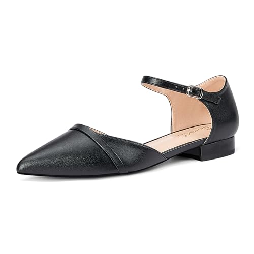 GENSHUO Flache Damenschuhe mit Knöchelriemen, Elegante Spitze Zehenpartie, Flache Schuhe Für Die Arbeit, Schwarz, 36 EU von GENSHUO