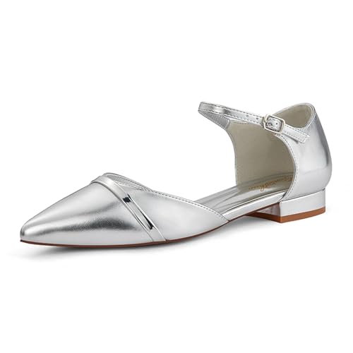 GENSHUO Flache Damenschuhe mit Knöchelriemen, Elegante Spitze Zehenpartie, Flache Schuhe Für Die Arbeit, Silber, 39 EU von GENSHUO