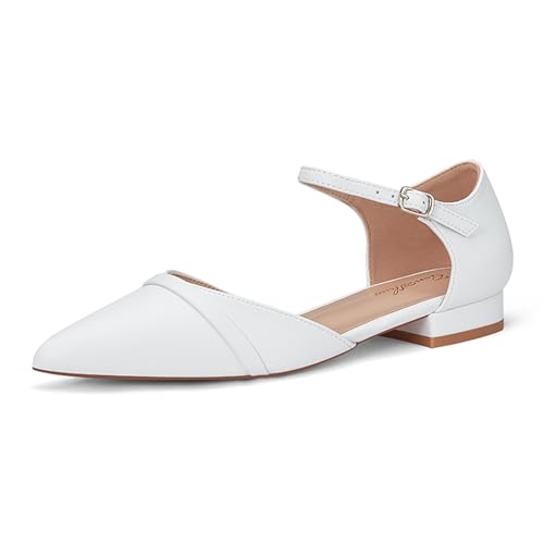 GENSHUO Flache Damenschuhe mit Knöchelriemen, Elegante Spitze Zehenpartie, Flache Schuhe Für Die Arbeit, Weiß, 39 EU von GENSHUO