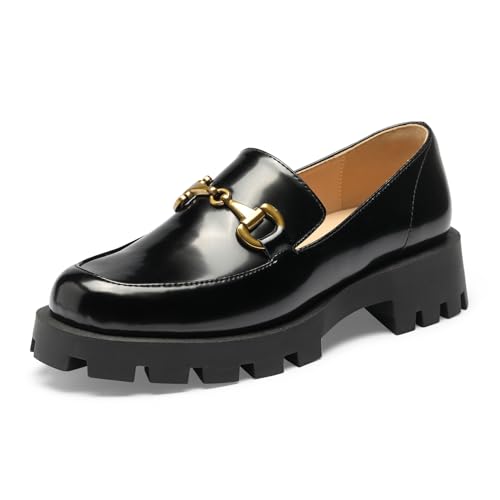 GENSHUO Loafer Damen, Klassisch Loafer Mokassins mit Metallschnalle Geschlossener Zehen Business Slipper Halbschuhe Elegante Slip-on Plateau Schuhe für Frauen, Schwarz, 38,5EU von GENSHUO