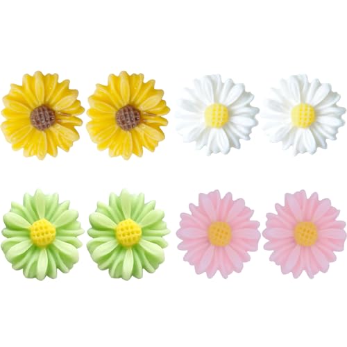 Daisy-Ohrringe Blumenstecker für Frauen - 4 Stück 925 Sterling Silber Sonnenblumen-Ohrringe, süße kleine Gänseblümchen-Sommerohrringe, weiß gelb grüne pinke Gänseblümchen-Ohrringe, Geschenk für Frauen von GENSMILE