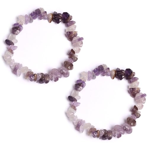 GENSMILE Amethyst Stein Armband Kristallsteine Kette - 2 Stück Natürliches Rock Crystal Edelsteinperlen Armband für Damen, Echte Steine Yoga Energie Stein Amethyst Kette Geschenke für Mädchen Frauen von GENSMILE