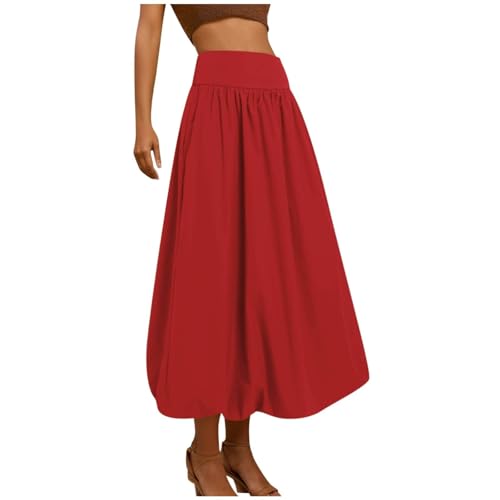 GETMINT Damen-Maxirock, Sommer, lässig, hohe Taille, elastisch, A-Linie, Rüschensaum, fließend, plissiert, Midikleid, Ballonrock, rot, M GETMINT Damen-Maxirock, Sommer, lässig, hohe Taille, elastisch, A-Linie, Rüschensaum, fließend, plissiert, Midikleid, Ballonrock, rot, M von GETMINT