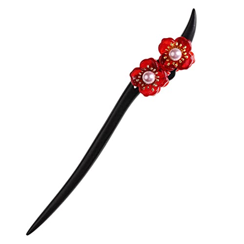 Hölzerne Haarstäbchen for Dutts, rote Blumen, dekorative Haar-Essstäbchen, einfache, elegante Haarnadeln, chinesische klassische Ebenholz-Essstäbchen for Frauen von GETSTREE