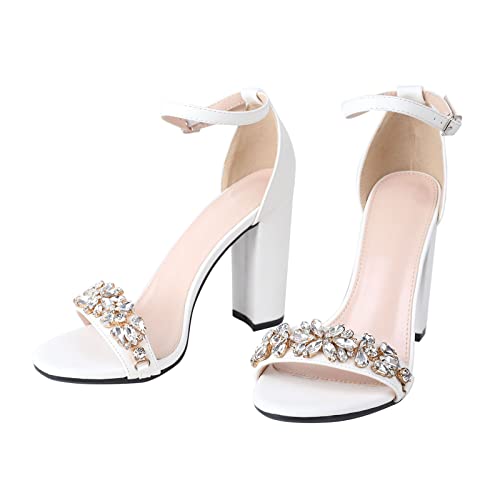 GGBLCS Frauen Strass Riemchensandalen Blockabsatz Offene Zehen Hochzeit Party Brautschuhe,Weiß,38 EU von GGBLCS