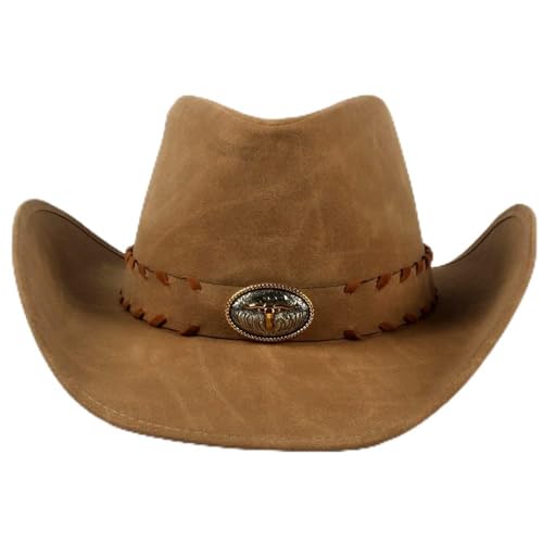 GHQYP Jahrgang Cowboyhut aus 100% Leder für Herren, Vintage, braun, Western, Gentleman, Dad, Sombrero, modisch, Damen, 58–59 cm, Cowgirl-Hut von GHQYP