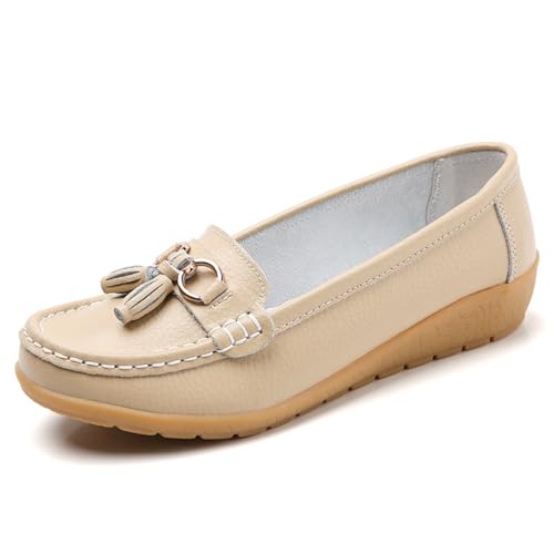 Damen Leder Atmungsaktive Mokassins Schuhe Frauen Business Loafer Bequeme Leichte Penny Schuhe Sommer Slip On Loafer für Frauen, beige, 40.5 EU Damen Leder Atmungsaktive Mokassins Schuhe Frauen Business Loafer Bequeme Leichte Penny Schuhe Sommer Slip On Loafer für Frauen, beige, 40.5 EU von GHTRHSB