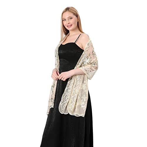 GIBZ Damen Bestickt Glitzer Schal Dünn Vintage Floral Stola Wraps mit Pailletten für Hochzeit Abendkleider, Beige von GIBZ