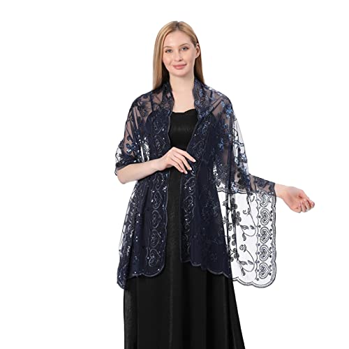 GIBZ Damen Bestickt Glitzer Schal Dünn Vintage Floral Stola Wraps mit Pailletten für Hochzeit Abendkleider, Navy Blau von GIBZ