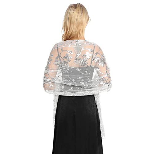 GIBZ Damen Bestickt Glitzer Schal Dünn Vintage Floral Stola Wraps mit Pailletten für Hochzeit Abendkleider, Weiß von GIBZ