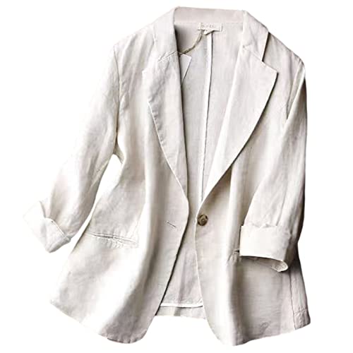 GIBZ Damen Blazer Leinen Elegant Jacket Sommer Modern Lässig Uniform mit 3/4 Ärmel, Beige, L von GIBZ