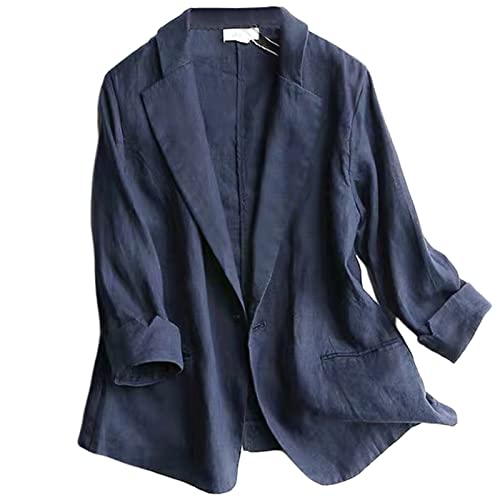 GIBZ Damen Blazer Leinen Elegant Jacket Sommer Modern Lässig Uniform mit 3/4 Ärmel, Blaue Marine, XXL von GIBZ