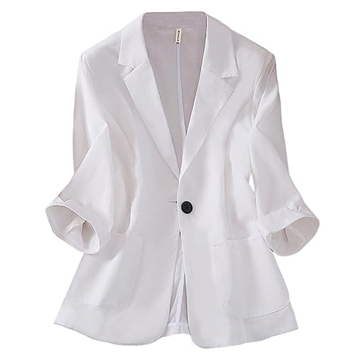 GIBZ Damen Blazer Leinen Leicht EIN Knopf 3/4 Arm Reverskragen Große Größen Anzugjacke Elegant mit Tasche für Sommer, Weiß, 4XL von GIBZ