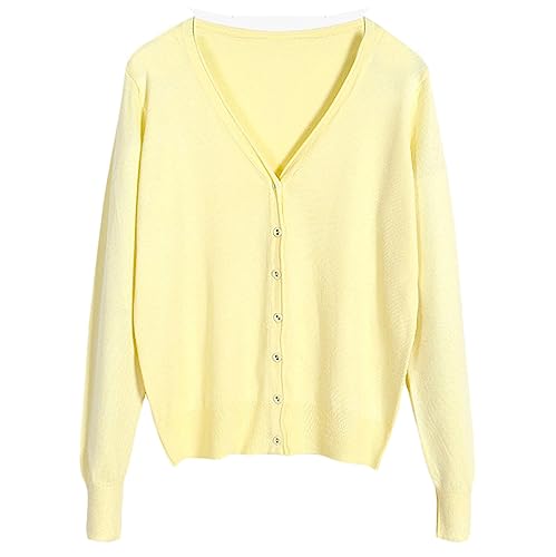 GIBZ Damen Strick Cardigan mit Knöpfen Langarm V Ausschnitt Elegant Einfarbig Leicht Strickjacke, Hellgelb, XXL von GIBZ