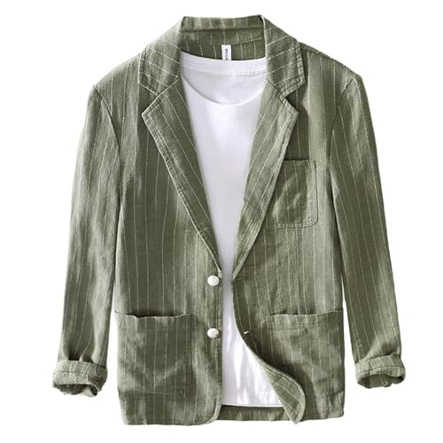 GIBZ Herren Blazer Gestreift Lässig Leinen Leicht 2 Knopf Anzugjacke Sakko Sportlich Revers Anzug mit Taschen für den Sommer Frühling, Grün, XL von GIBZ