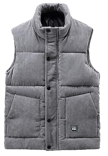 GIBZ Herren Cord Steppweste Dicke Weiche Daunenjacke Ärmellos Warme Jacke für Winter Outdoor Arbeit, Grau, L von GIBZ