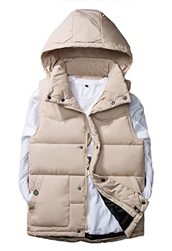 GIBZ Herren Daunenweste mit Kapuze Winterweste Outdoor leicht Steppweste mit Reißverschluss Taschen, Beige, M von GIBZ