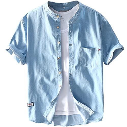 GIBZ Herren Jeanshemd Baumwolle Casual Button Down Kurzarm Sommerhemden, Hellblau, L von GIBZ