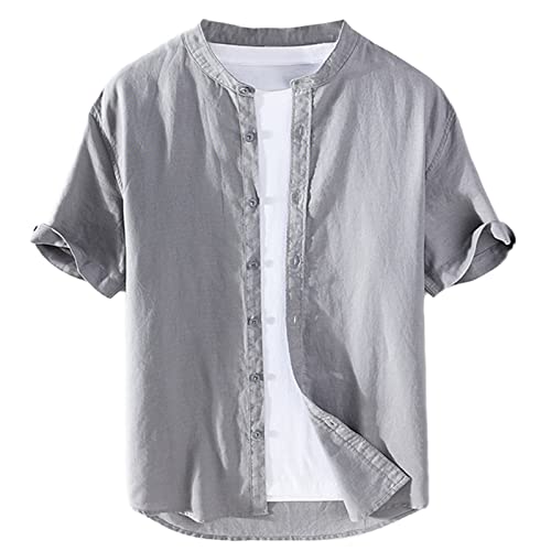 GIBZ Herren Leinen Hemd Sommer Casual Slim Fit Leinenhemd Plain Kurzarmhemd, Grau, S von GIBZ