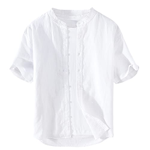 GIBZ Herren Leinen Hemd Sommer Casual Slim Fit Leinenhemd Plain Kurzarmhemd, Weiß, 3XL von GIBZ