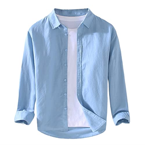 GIBZ Herren Leinen Hemden Langarm Button Down Freizeithemden am Strand Blau XL von GIBZ