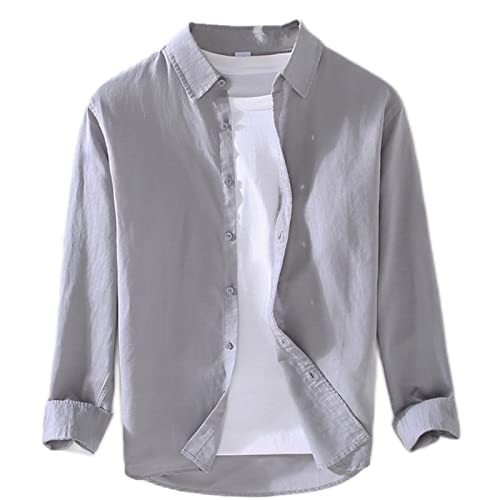 GIBZ Herren Leinen Hemden Langarm Button Down Freizeithemden am Strand Grau L von GIBZ