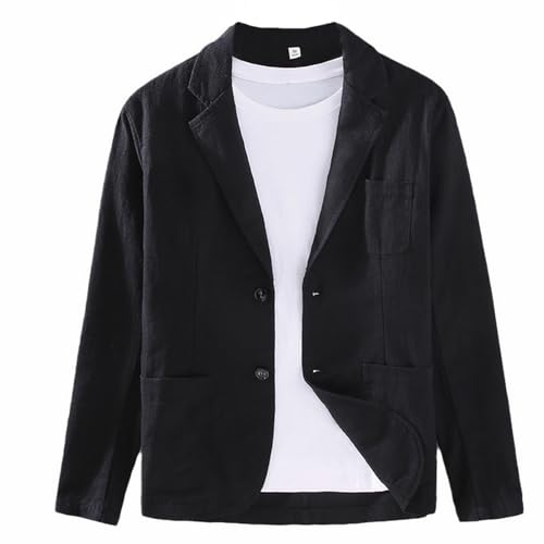 GIBZ Herren Leinen Sakko Blazer Einfarbiger Anzugjacke mit Tasche Revers 2 Knopf Anzug Einfacher Lockerer Schwarz L von GIBZ