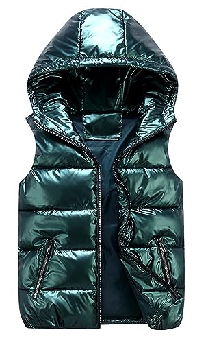 GIBZ Herren Steppweste Glänzende mit Kapuze Daunenjacke Warm mit Reißverschluss Taschen Ärmellos Jacke Lässig für Winter, Dunkelgrün, L von GIBZ