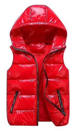 GIBZ Herren Steppweste Glänzende mit Kapuze Daunenjacke Warm mit Reißverschluss Taschen Ärmellos Jacke Lässig für Winter, Rot, 3XL von GIBZ