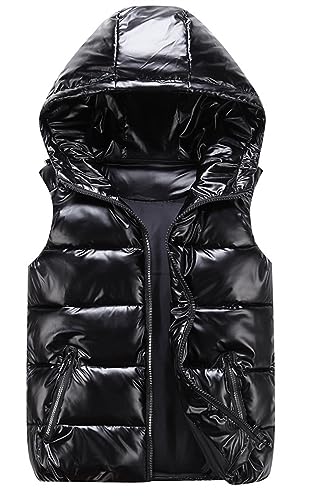 GIBZ Herren Steppweste Glänzende mit Kapuze Daunenjacke Warm mit Reißverschluss Taschen Ärmellos Jacke Lässig für Winter, Schwarz, S von GIBZ