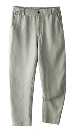 GIBZ Herrenhose 100% Leinen Elastische Taille Sommer Lockere Passform Schlichte Lässige Gerade Hose mit Tasche, Grün, L von GIBZ