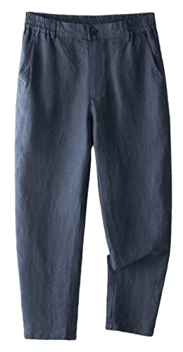 GIBZ Herrenhose 100% Leinen Elastische Taille Sommer Lockere Passform Schlichte Lässige Gerade Hose mit Tasche, Navy Blau, XXL von GIBZ