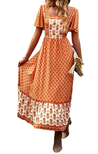 GIBZ Landhausstil Kleider für Damen Fließendes Kurzarm Blumen Vintage Sommer Kleid, Orange, M von GIBZ