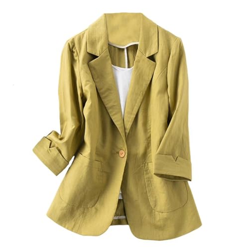 GIBZ Leinenblazer für Damen Lässiger und Eleganter Jackenanzug 3/4 Arm Vorne Offen Blazer für Business Büro, Gelb, L von GIBZ