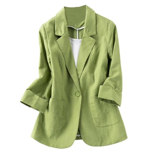 GIBZ Leinenblazer für Damen Lässiger und Eleganter Jackenanzug 3/4 Arm Vorne Offen Blazer für Business Büro, Grün, L von GIBZ