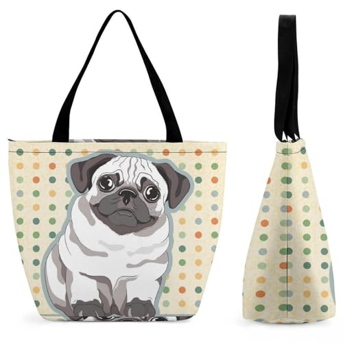 Cartoon Mops Hund Damen Handtasche Shopper Umhängetasche Schultertasche Tragetasche Mit Reißverschluss 28.5x18x32.5cm von GIOKQB