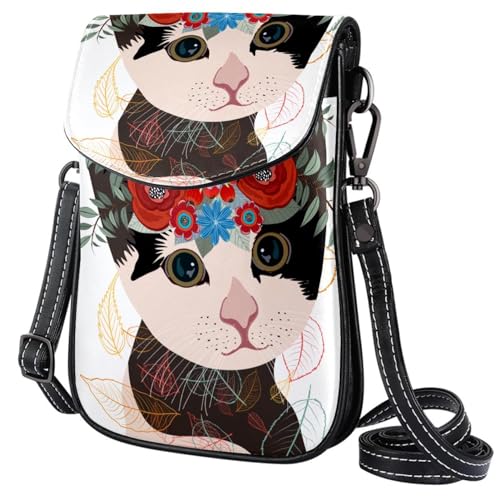 GIOKQB Damen Klein Umhängetasche Blume Katze Schultertasche Handytasche Zum Umhängen Mini Crossbody Tasche von GIOKQB