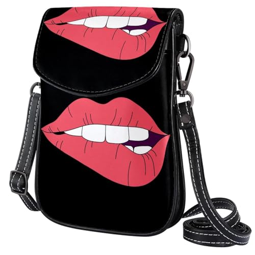 GIOKQB Damen Klein Umhängetasche Rote Lippen Schwarz Schultertasche Handytasche Zum Umhängen Mini Crossbody Tasche von GIOKQB