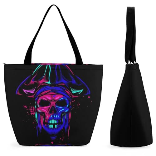 GIOKQB Farbe Totenkopfpirat Damen Handtasche Shopper Umhängetasche Schultertasche Tragetasche Mit Reißverschluss 28.5x18x32.5cm von GIOKQB