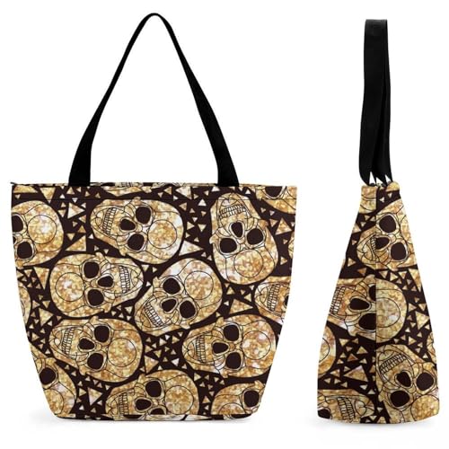 GIOKQB Goldene Totenköpfe Damen Handtasche Shopper Umhängetasche Schultertasche Tragetasche Mit Reißverschluss 28.5x18x32.5cm von GIOKQB