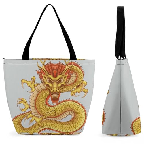 GIOKQB Goldener Drache Damen Handtasche Shopper Umhängetasche Schultertasche Tragetasche Mit Reißverschluss 28.5x18x32.5cm von GIOKQB