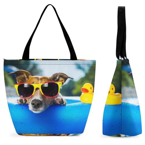 GIOKQB Hund Und Ente Damen Handtasche Shopper Umhängetasche Schultertasche Tragetasche Mit Reißverschluss 28.5x18x32.5cm von GIOKQB