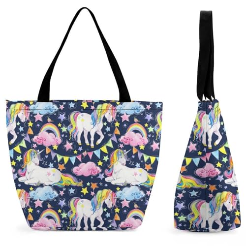 GIOKQB Regenbogen Einhorn Damen Handtasche Shopper Umhängetasche Schultertasche Tragetasche Mit Reißverschluss 28.5x18x32.5cm von GIOKQB