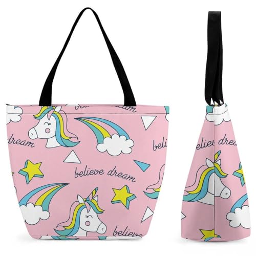 GIOKQB Regenbogen Einhorn Damen Handtasche Shopper Umhängetasche Schultertasche Tragetasche Mit Reißverschluss 28.5x18x32.5cm von GIOKQB