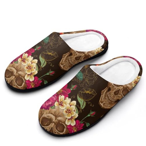 GIOKQB Rosenblüten-Totenkopf Hausschuhe Damen Warme Kunstwolle Memory Foam Slippers Rutschfeste Pantoffeln von GIOKQB