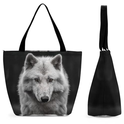 GIOKQB Schwarzer Weißer Wolf Damen Handtasche Shopper Umhängetasche Schultertasche Tragetasche Mit Reißverschluss 28.5x18x32.5cm von GIOKQB