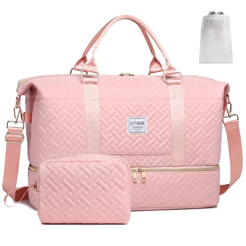 GITIBAB Weekender Bags for women,50L Quilted Travel Duffel Bag with Shoe Compartment Large Carry On Overnight Tote Bag with Toiletry Bag & Trolley Sleeve,Krankenhaus-Taschen Arbeit Lieferung Pink von GITIBAB