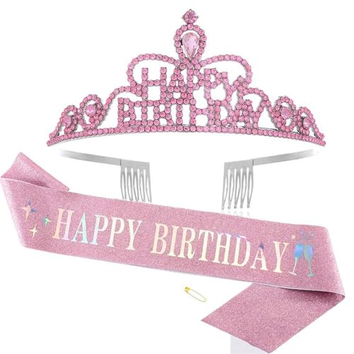 GIVBRO Diadem mit Aufschrift "Happy Birthday", Strass-Krone mit Kämmen, Happy Birthday, Schärpe für Damen und Mädchen, Party-Dekorationen (#B) von GIVBRO