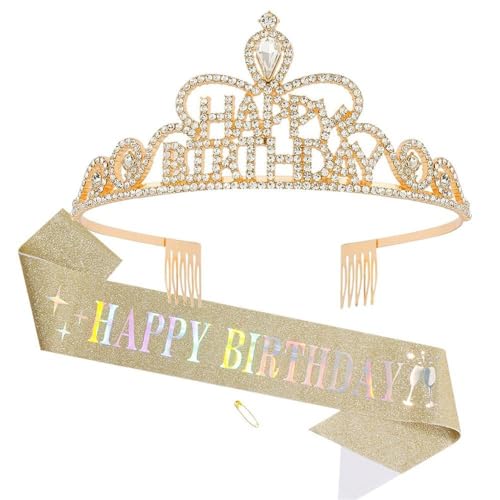 GIVBRO Diadem mit Aufschrift "Happy Birthday", Strass-Krone mit Kämmen, Happy Birthday, Schärpe für Damen und Mädchen, Party-Dekorationen (#D) von GIVBRO