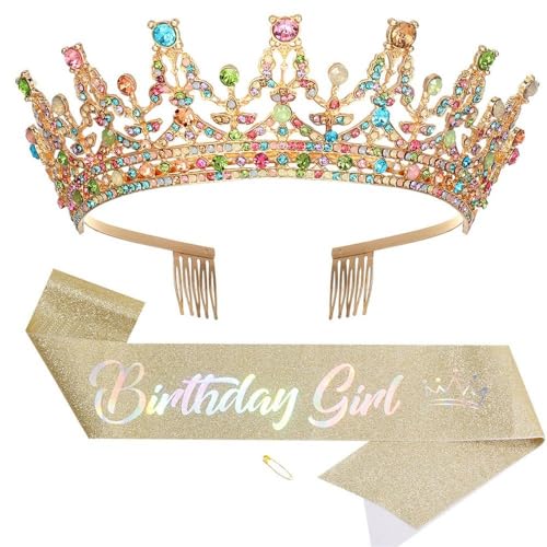 GIVBRO Strass-Tiara-Krone mit Kämmen, für Geburtstag, Mädchen, Schärpe, Abschlussball, Party, Kostüme, Geburtstagsdekorationen, Einheitsgröße, Metalllegierung von GIVBRO